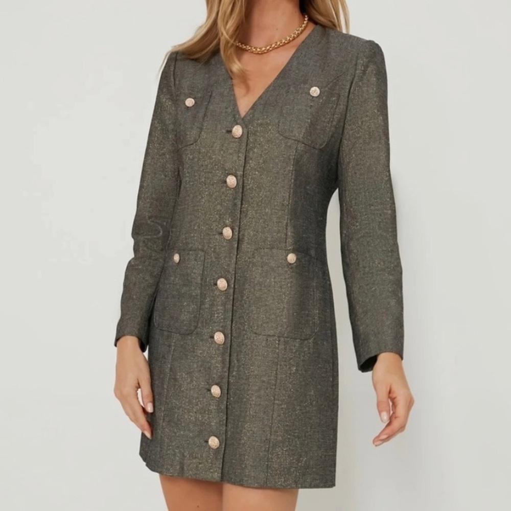 NEW Tuckernuck Coventry Metallic Mini Dress Women M Gray/Gold Pomander Place